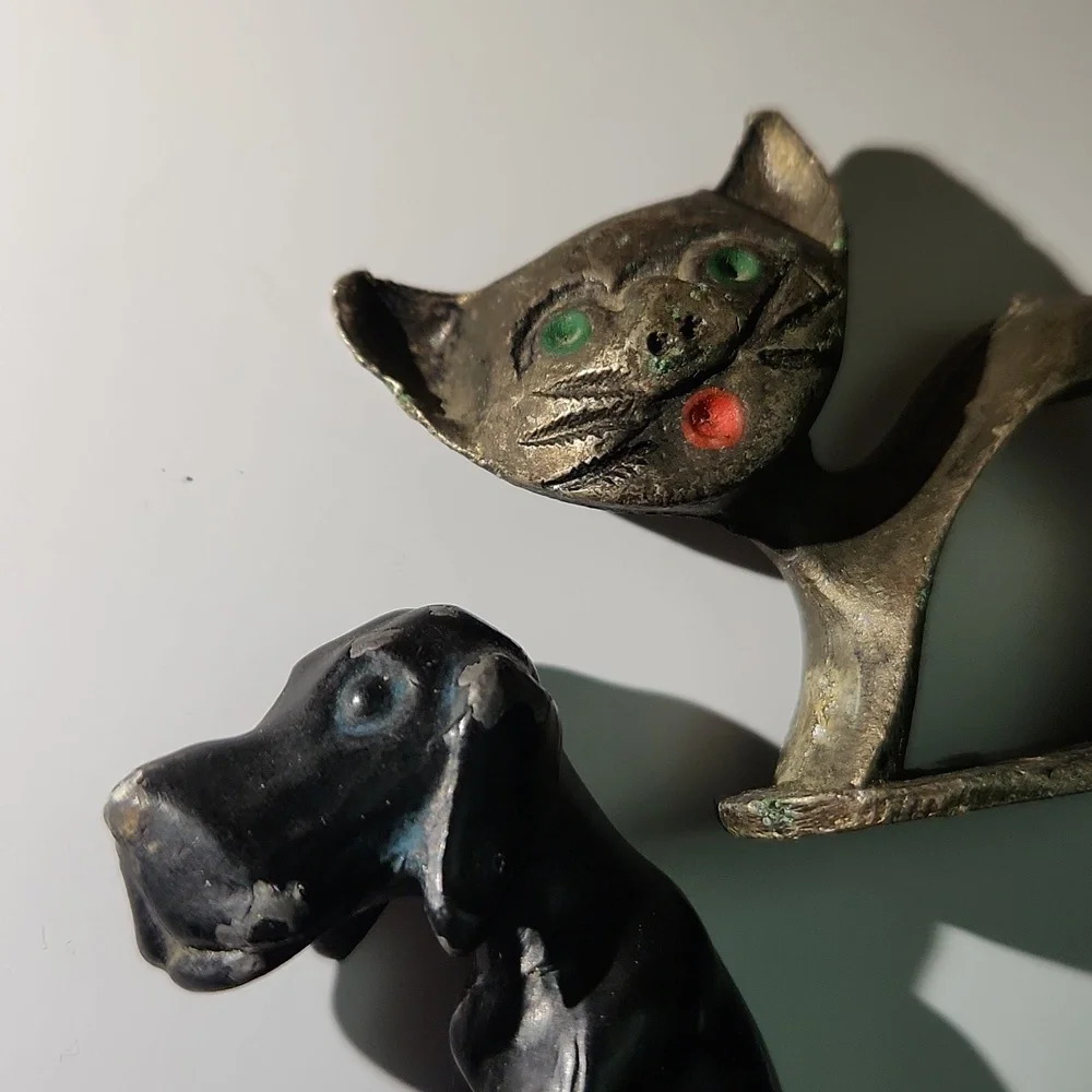Vintage Patina Metal Dog Figurine & Cat Ring Holder Accent Decor Collectible